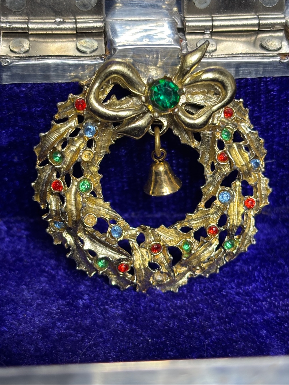 Gold-Tone Holiday Wreath Bell Colorful Pendant Rhinestone Multicolor Stones